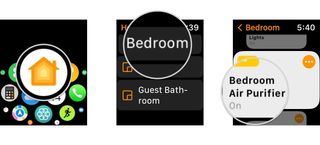 How to control HomeKit accessories in the Home app on the Apple Watch by showing steps: Launch the Home app, Tap the Room that includes your accessory, Tap on your Accessory or the Ellipses icon.