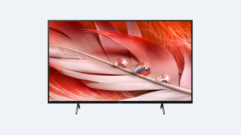 Sony X90J LCD TV with red feather on screen