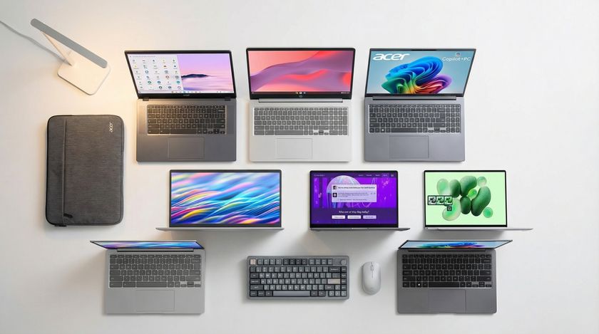 Eight laptops lined up on a white surface, including a Chromebook, Surface Laptop, Acer Aspire, and Dell XPS 13