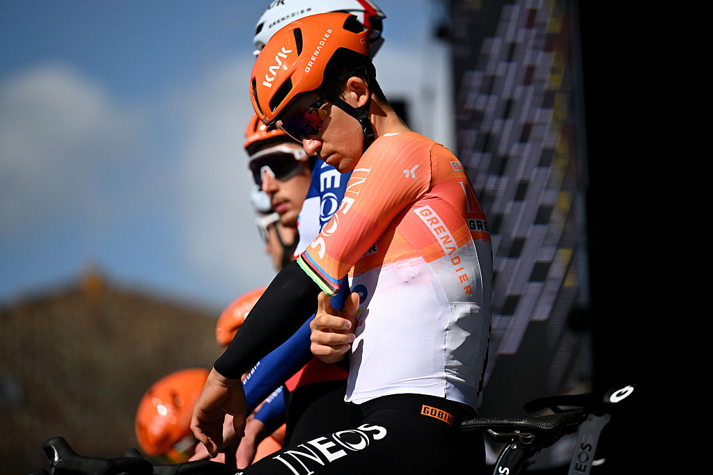 CORMORANCHE-SUR-SAONE, FRANCE - MARCH 12: Michal Kwiatkowski of Poland and Team INEOS Grenadiers prior to the 84th Paris-Nice 2026, Stage 5 a 206.3km stage from Cormoranche-sur-Saone to Colombier-le-Vieux / #UCIWT / on March 12, 2026 in Cormoranche-sur-Saone, France. (Photo by Szymon Gruchalski/Getty Images)