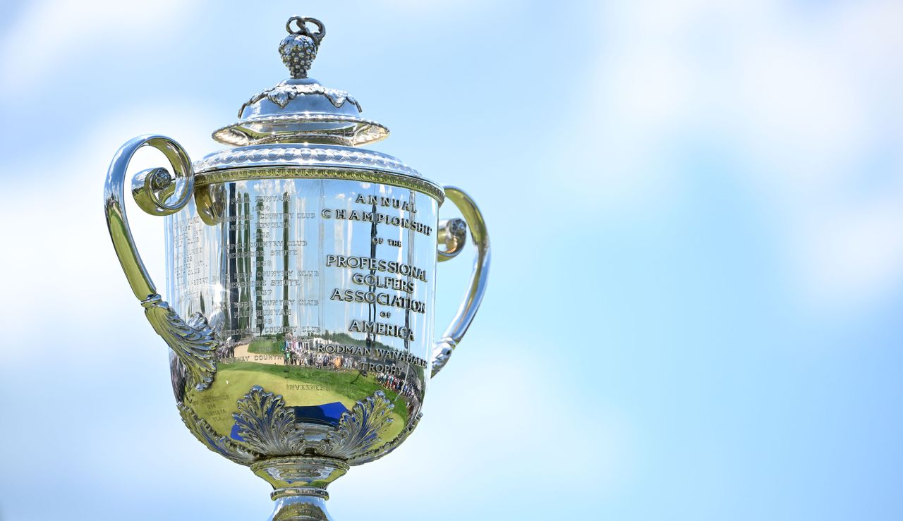 The Wanamaker Trophy with a blue background