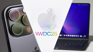 An Apple WWDC 2025 invite in between an iPhone and MacBook Air