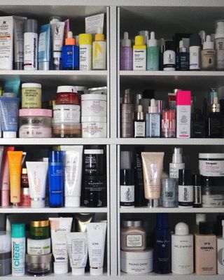 @thatgracegirl skincare cabinet with different creams and serums