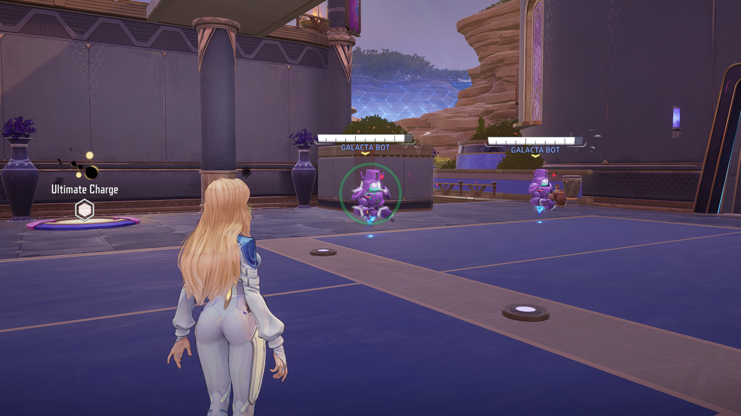 Best Marvel Rivals crosshairs - Dagger aiming at an ally bot in the practice range, showing off a unique reticle.