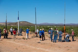 Students prepare to launch their rockets at the Spaceport America Cup in June 2019.