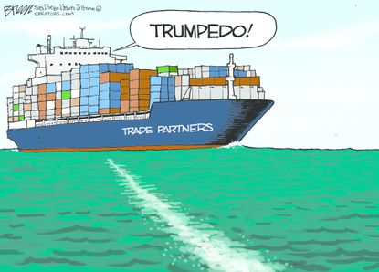 Political cartoon U.S. Trump trade war tariffs