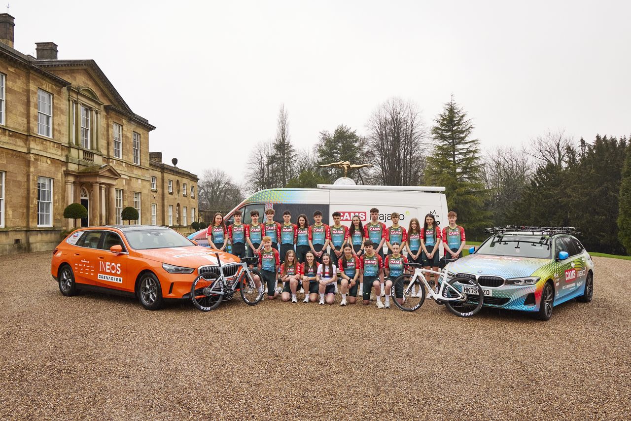 The riders of the 2026 Camsmajaco team at the launch