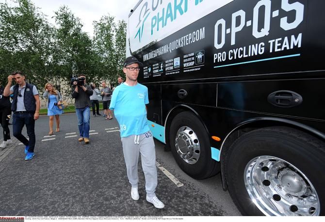 Mark Cavendish by the Omega Pharma Quickstep team bus