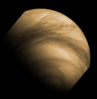 This false-color image of cloud features seen on Venus by the Venus Monitoring Camera (VMC) on the European Space Agency's Venus Express. The image was captured from a distance of 30,000 km on December 8, 2011. Venus Express has been in orbit around the planet since 2006.