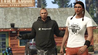 Two GTA Online characters posing for the camera outside of a lodge, with the man on the left shrugging while the woman on the right walks forward