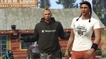 Two GTA Online characters posing for the camera outside of a lodge, with the man on the left shrugging while the woman on the right walks forward