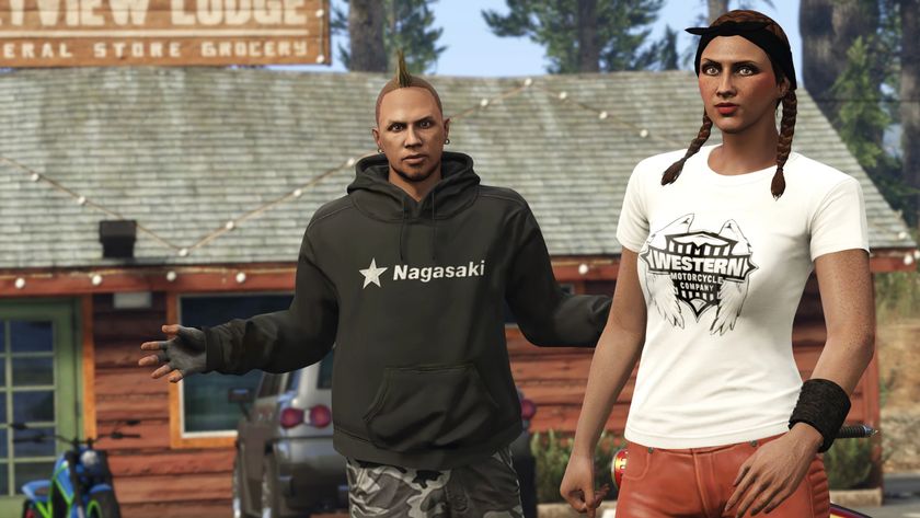 Two GTA Online characters posing for the camera outside of a lodge, with the man on the left shrugging while the woman on the right walks forward