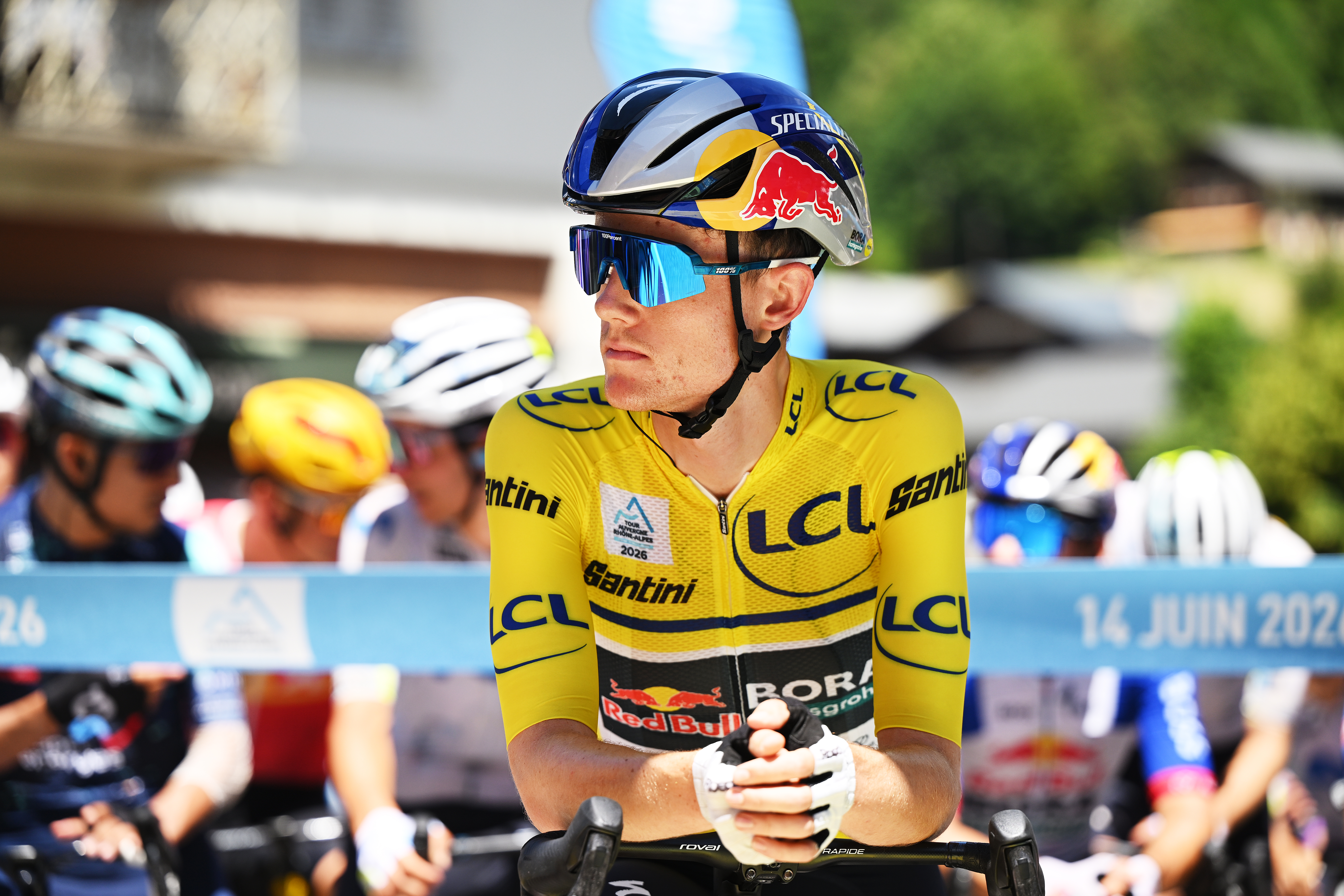 BEAUFORT, FRANCE - JUNE 14: Luke Tuckwell of Australia and Team Red Bull - BORA - hansgrohe - Yellow Leader Jersey prior to the 78th Tour Auvergne-Rhone-Alpes 2026, Stage 8 a 120.1km stage from Beaufort to Plateau de Solaison - Brison 1497m / #UCIWT / on June 14, 2026 in Beaufort, France. (Photo by Dario Belingheri/Getty Images)