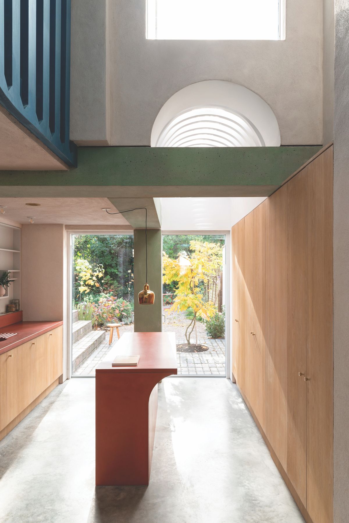 modern kitchen with views out to long garden