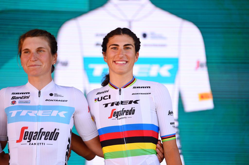CAGLIARI ITALY JUNE 29 LR Elisa Longo Borghini of Italy and Elisa Balsamo of Italy and Team Trek Segafredo during the 33rd Giro dItalia Donne 2022 Team Presentation GiroDonne on June 29 2022 in Cagliari Italy Photo by Dario BelingheriGetty Images
