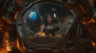 Jennifer Lopez as Atlas inside an AI machine.