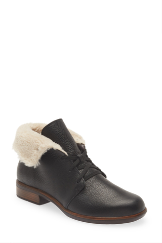 black ankle boots with faux shearling upper