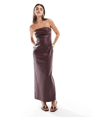 4th & Reckless Leather Look Bandeau Maxi Dress in Burgundy