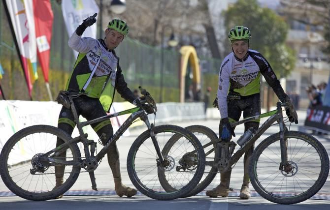 Stage 4 winners Thomas Litscher and Ondrej Cink (Multivan Merida Biking Team 2) celebrate on the finish line.