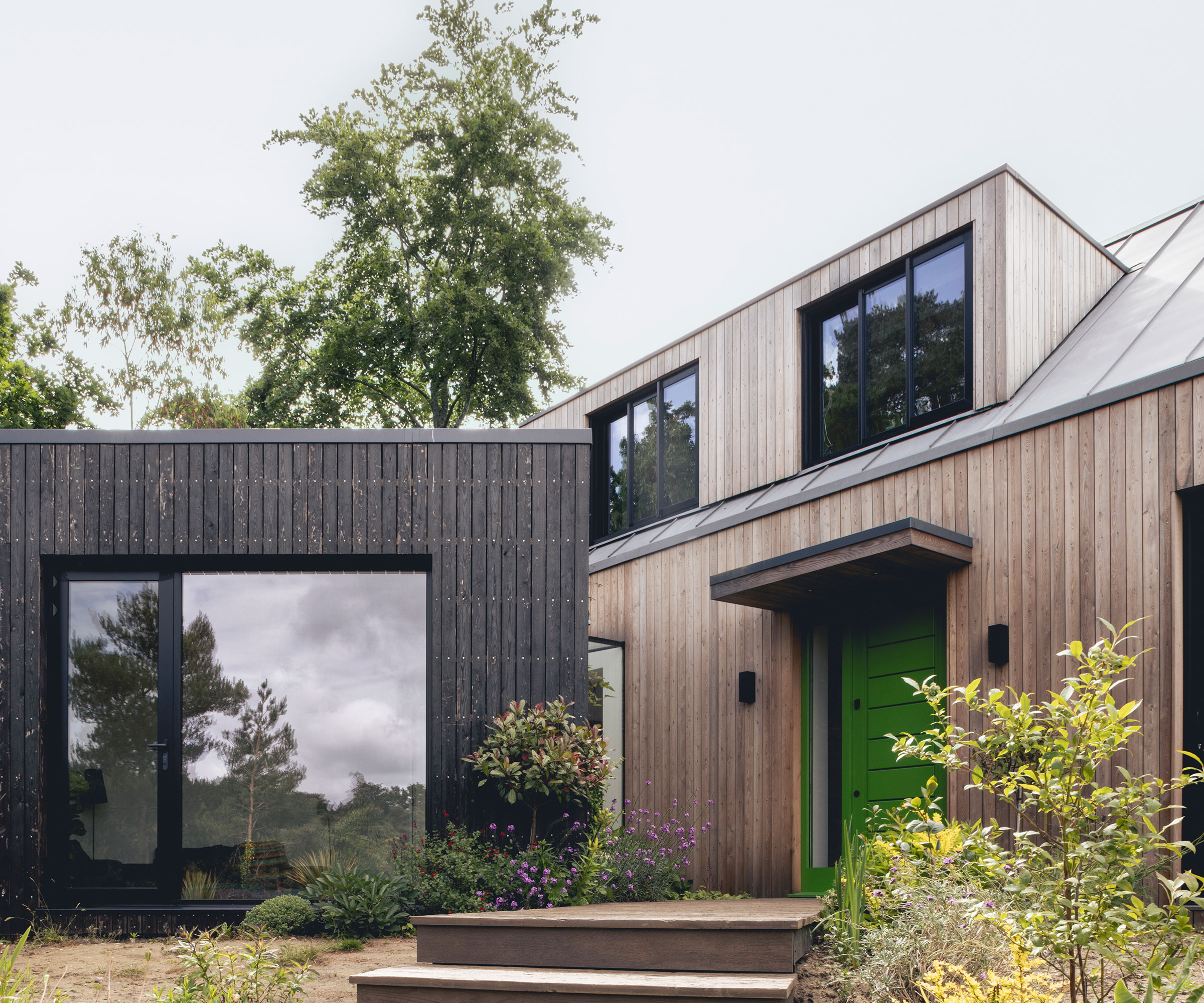 modern dormer bungalow with timber cladding and flat roof canopy