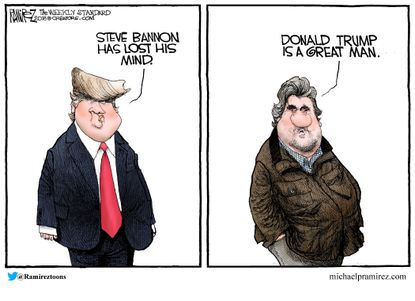 Political cartoon U.S. Trump Steve Bannon breakup apology