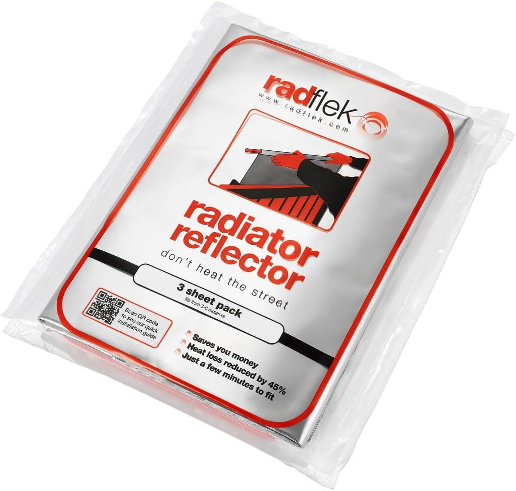 Radflek Radiator Reflector Panels - Heat Reflective Radiator Foil Sheet - Contains 3 Energy Saving Radflek Radiator Reflectors - Easy Install With Manual and Clips Included - Fits Up to 6 Radiators