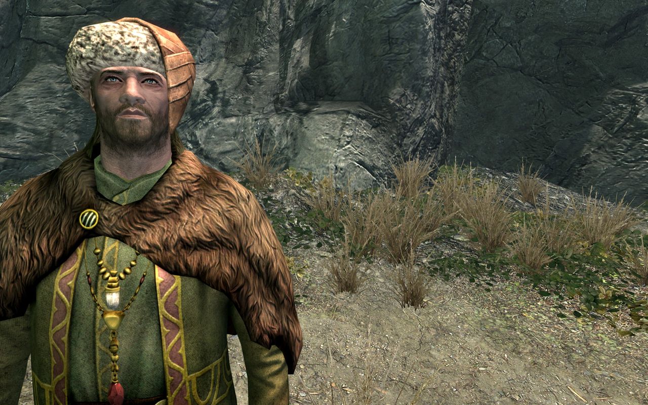 A Nord in fancy clothes stands near some grass