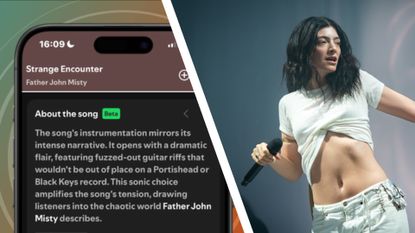 Lorde performs during day three of Glastonbury festival 2025, and Spotify's About the Song feature on a smartphone