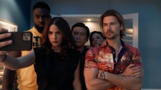 Obliterated. (L to R) Terrence Terrell as Trunk, Shelley Hennig as Ava Winters, Eugene Kim as Paul Yung, Paola Lázaro as Angela Gomez, Nick Zano as Chad McKnight in Obliterated. 