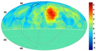 Researchers have found a hotspot of cosmic rays (bright red and yellow spot) in the northern sky near the Big Dipper.
