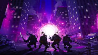 The four turtles in front of a glowing portal in Teenage Mutant Ninja Turtles: Splintered Fate.