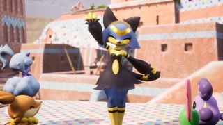 Palworld 1.0 launch trailer screenshot shows a cat-like Pal waving.