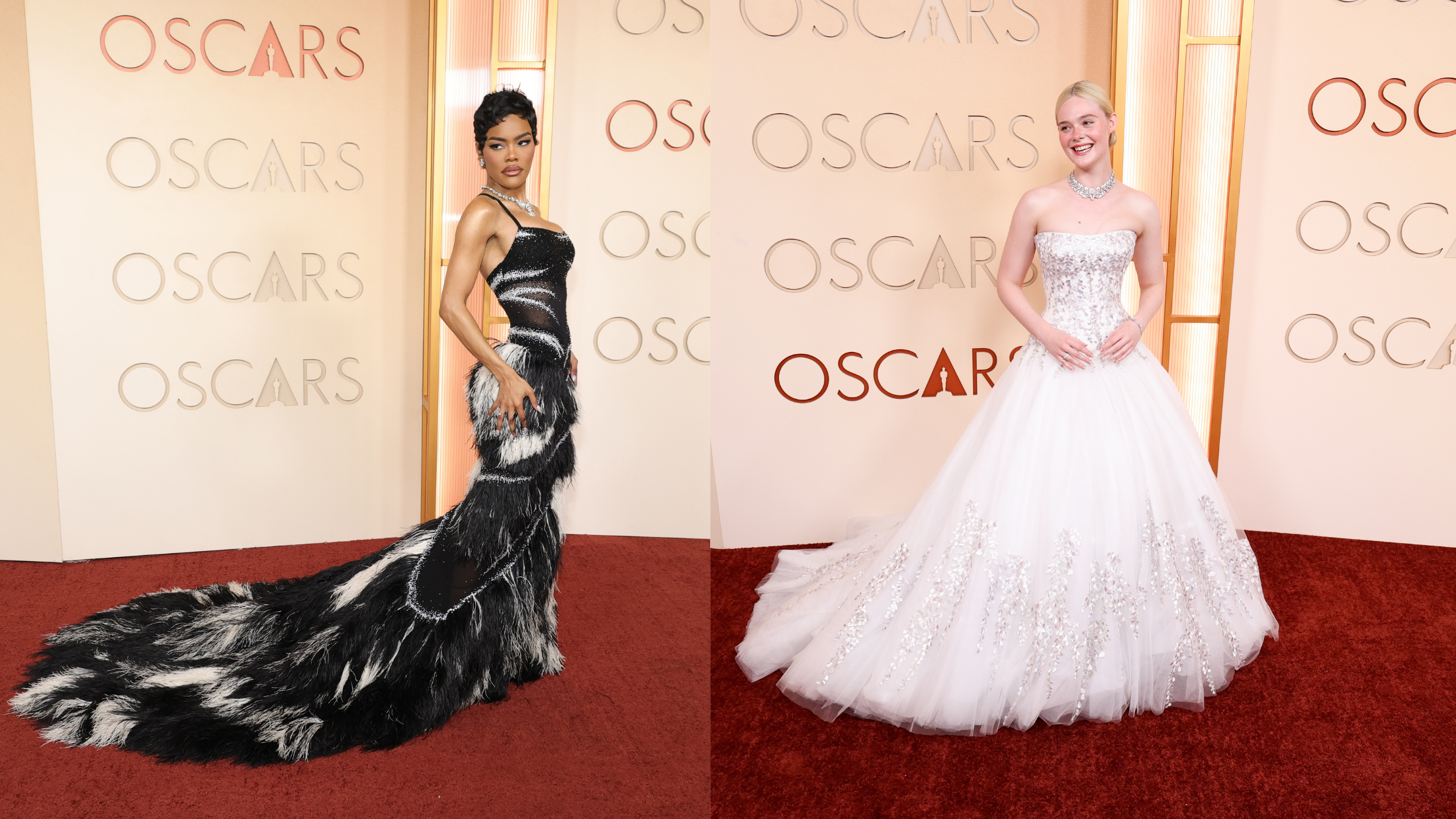 Photo of Teyana Taylor and Elle Fanning on the Oscars 2026 red carpet.