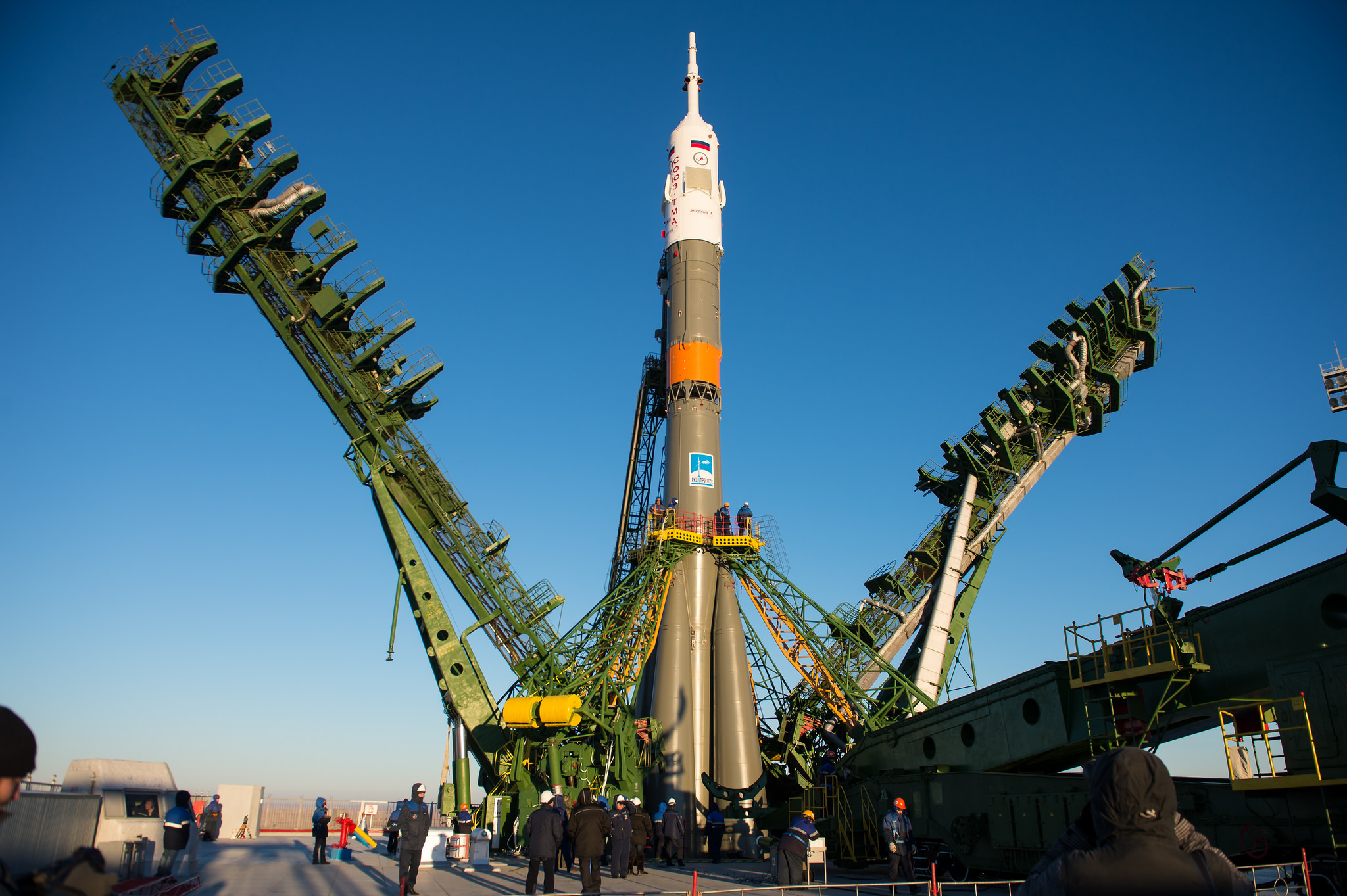 A Russian Soyuz rocket rolls out to its launch pad at Baikonur Cosmodrome in Kazakhstan ahead of the launch of three new members of the International Space Station&#039;s Expedition 42/43 crew. Liftoff is set for Nov. 23, 2014.