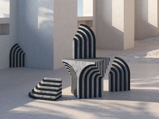 Marble furniture from the Flowing Fragments collection by Richard Yasmine, made of marble with black and grey striped motif