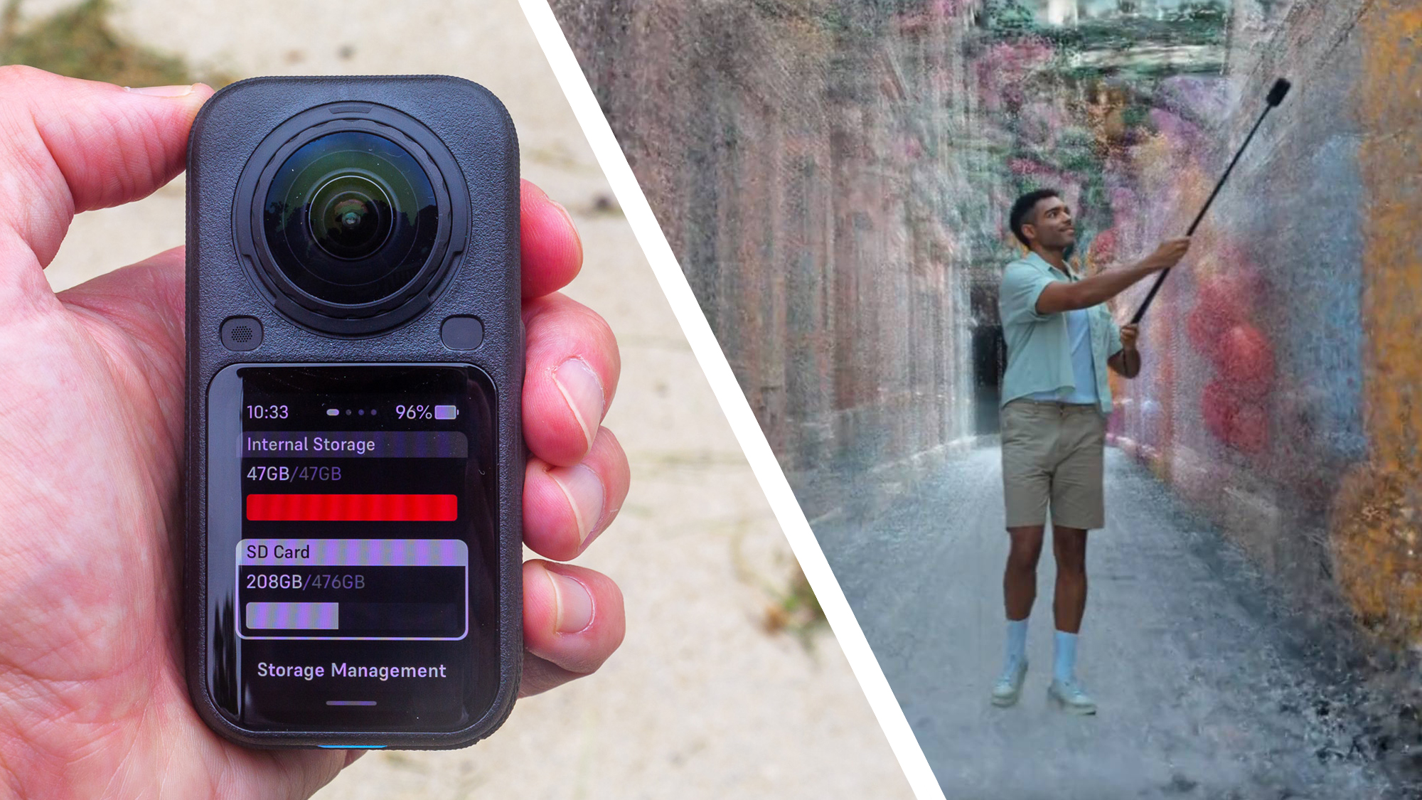 A hand holding an Insta360 X6 next to a man using an Insta360 camera for 3D scanning
