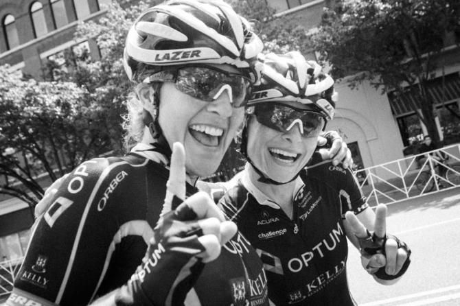 Jade Wilcoxson (Optum) and teammate Lauren Hall celebrate taking 1,2.