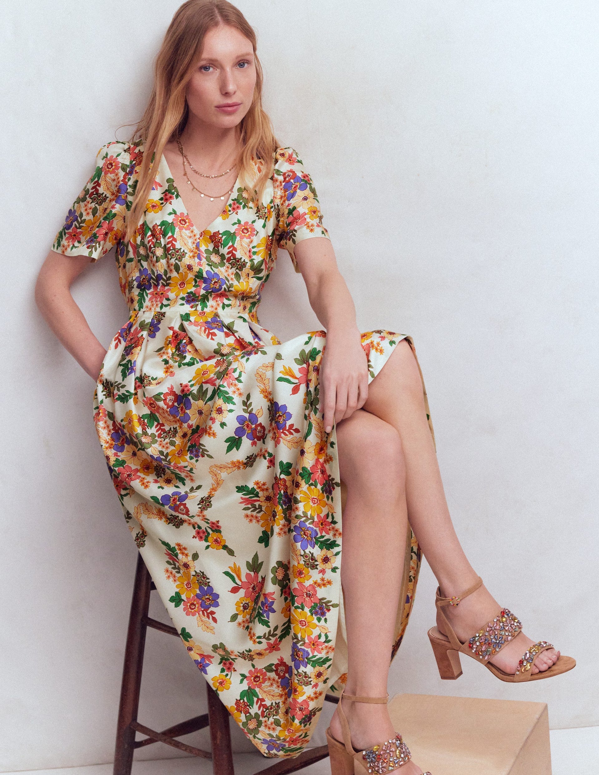Pleat V-Neck Dress-Multi Meadow Flowers