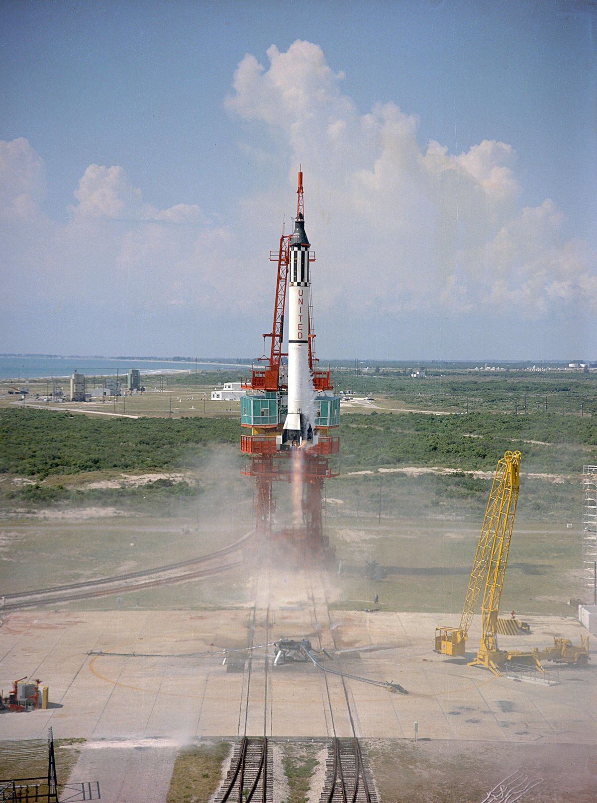 The Redstone rocket carrying Mercury astronaut Alan B. Shepard, Jr. lifts off from Cape Canaveral on May 5, 1961.