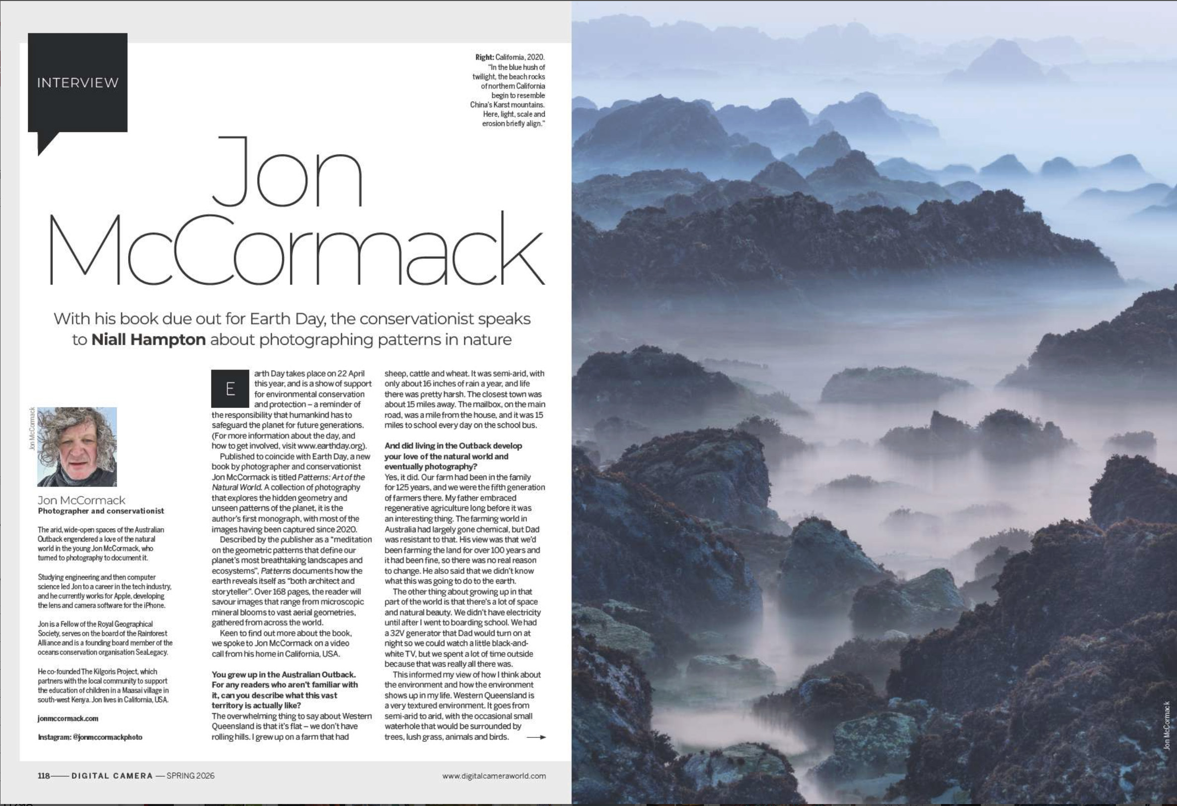 Image showing the first two pages of the main interview in issue 306 (Spring 2026) of Digital Camera magazine, where photographer and conservationist Jon McCormack discusses his new book Patterns: Art of the Natural World