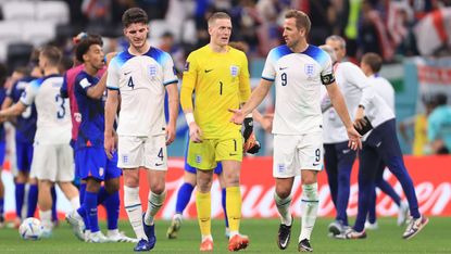 England players Declan Rice, Jordan Pickford and Harry Kane  