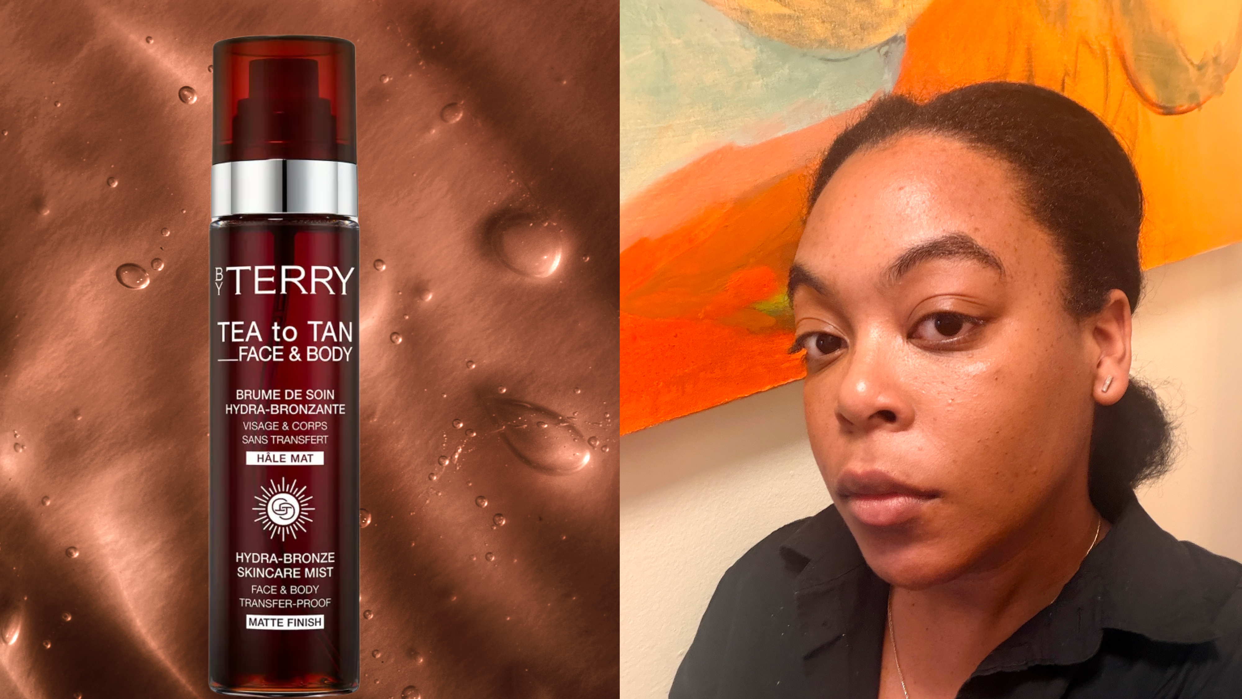 A woman in a black top with her hair pulled back looking at the camera to show her bronzed skin. She is next to a bottle of bronzing water called Tea to Tan from By Terry. 