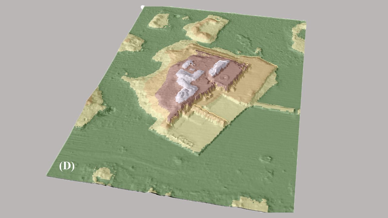 Colored lidar imagery of the Labna palace. Notice how the hill behind the palace was excavated.