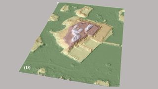 Colored lidar imagery of the Labna palace. Notice how the hill behind the palace was excavated.
