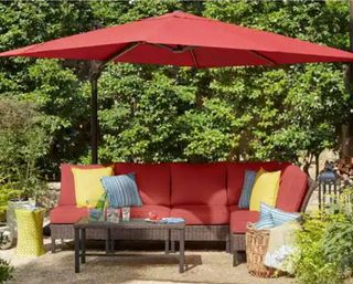 Hampton Bay 11 ft. LED Round Offset Outdoor Patio Umbrella in Chili Red