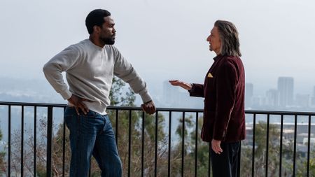 Yahya Abdul-Mateen II as Simon Williams talking with Ben Kingsley as Trevor Slattery in Wonder Man.