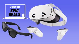 Meta Quest 3S with touch controllers and Ray-Ban Meta glasses against a blue gradient backgroud with epic deals text.