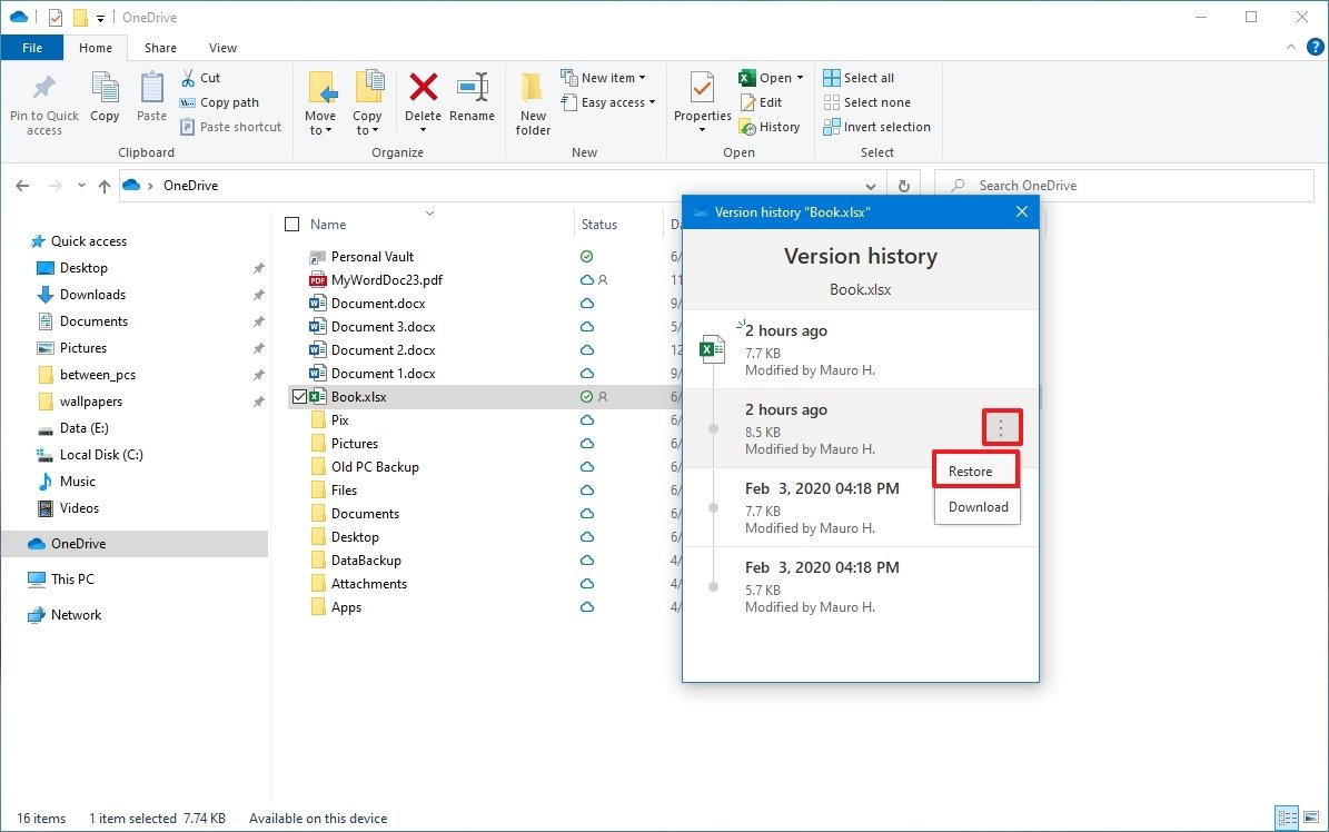 OneDrive restore previous version