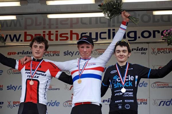 Junior men's podium at British 'cross Nats: Winner Hugo Robinson with Alex Welburn (right) and Joseph Moses (left)