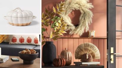 Three Target fall decor items on a collage background.